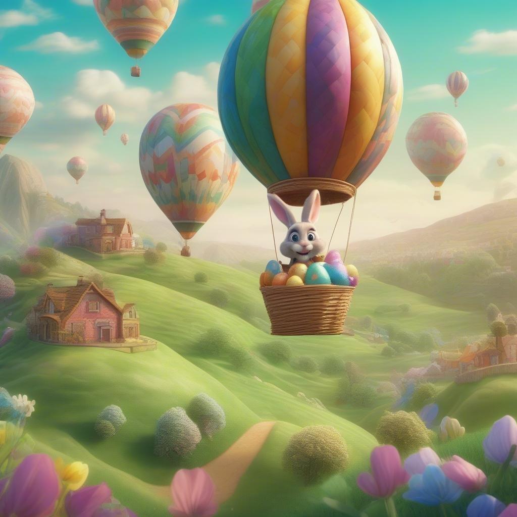 An enchanting scene featuring the beloved bunny from the classic cartoon. The bunny, with a basket full of colorful eggs, is soaring in the sky amidst an array of vibrant hot air balloons. This delightful image captures the joy and whimsy of Easter celebrations.