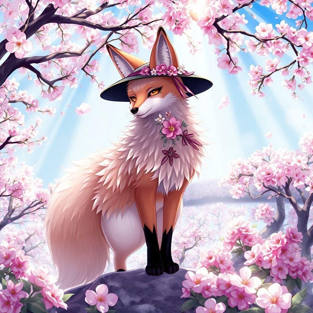 Une illustration anime sereine d'un esprit renard, portant un chapeau noir, se dresse majestueusement au-dessus d'un jardin japonais tranquille, entouré de fleurs vibrantes.