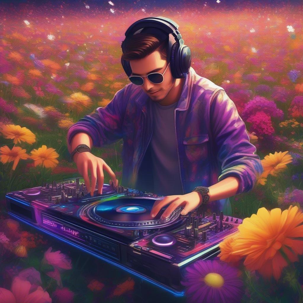 This vibrant wallpaper features a DJ in a lush garden setting, surrounded by flowers and greenery. The DJ is dressed in casual attire and is spinning records on a turntable, creating a lively and energetic atmosphere. The colorful flowers and foliage add a playful touch to the scene, making it perfect for anyone who loves music and nature.