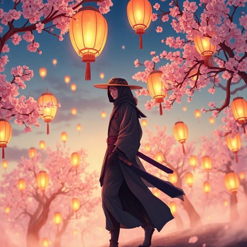 A ninja warrior walks through a serene landscape of floating lanterns and cherry blossom trees, surrounded by warm light.