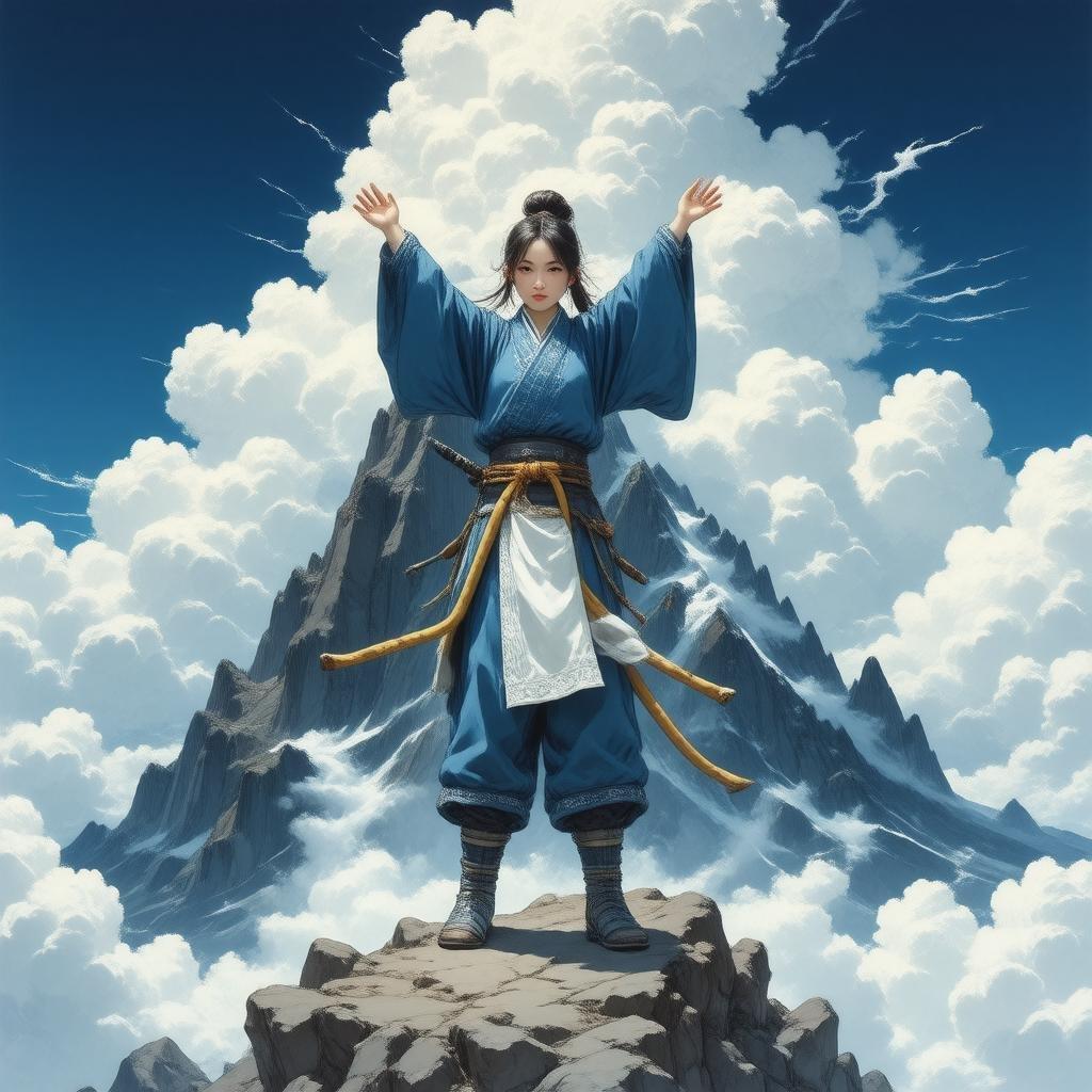 Dieses atemberaubende Anime-Hintergrundbild zeigt eine Kunoichi-Kriegerin, die auf einem majestätischen Berg steht, umgeben von Wolken und einem tiefblauen Himmel. Die komplizierten Muster auf ihrem Outfit und die dramatische Pose schaffen eine fesselnde Szene, die das Wesen der Anime-Kunst verkörpert.