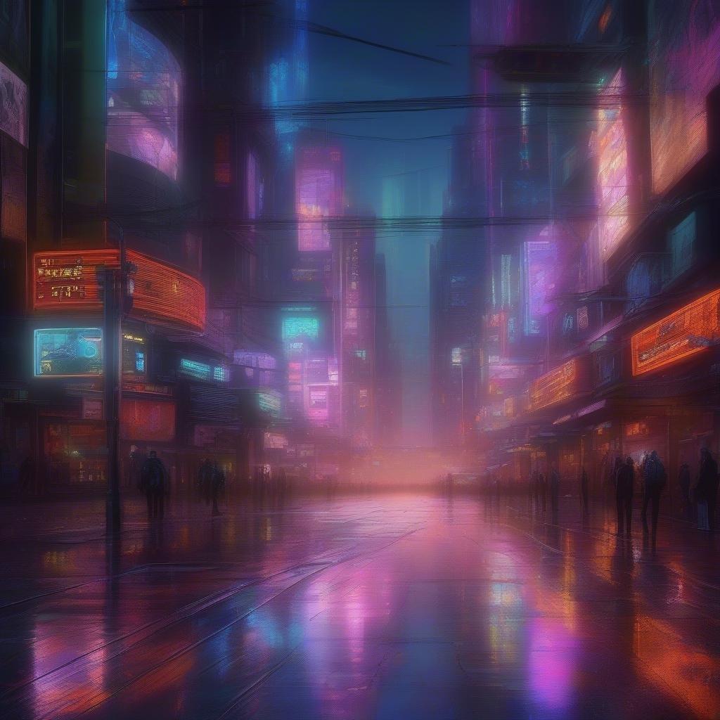 Walk down a bustling urban street under the soft glow of neon lights on a rainy night, with the city lights reflecting on the wet pavement.