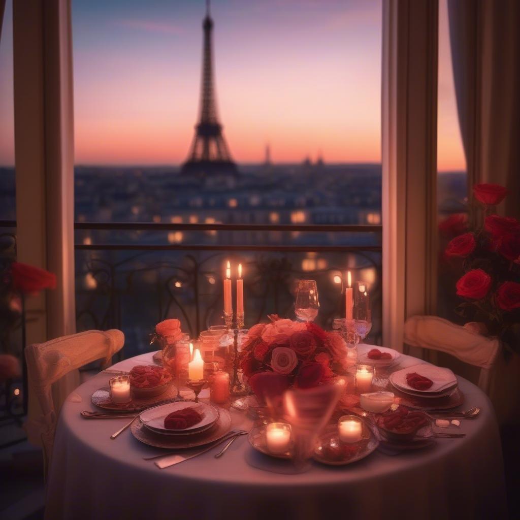 A cozy Parisian dinner setting with a stunning view of the Eiffel Tower at sunset. The table is set with a beautiful bouquet of red roses, and the atmosphere is intimate and romantic.