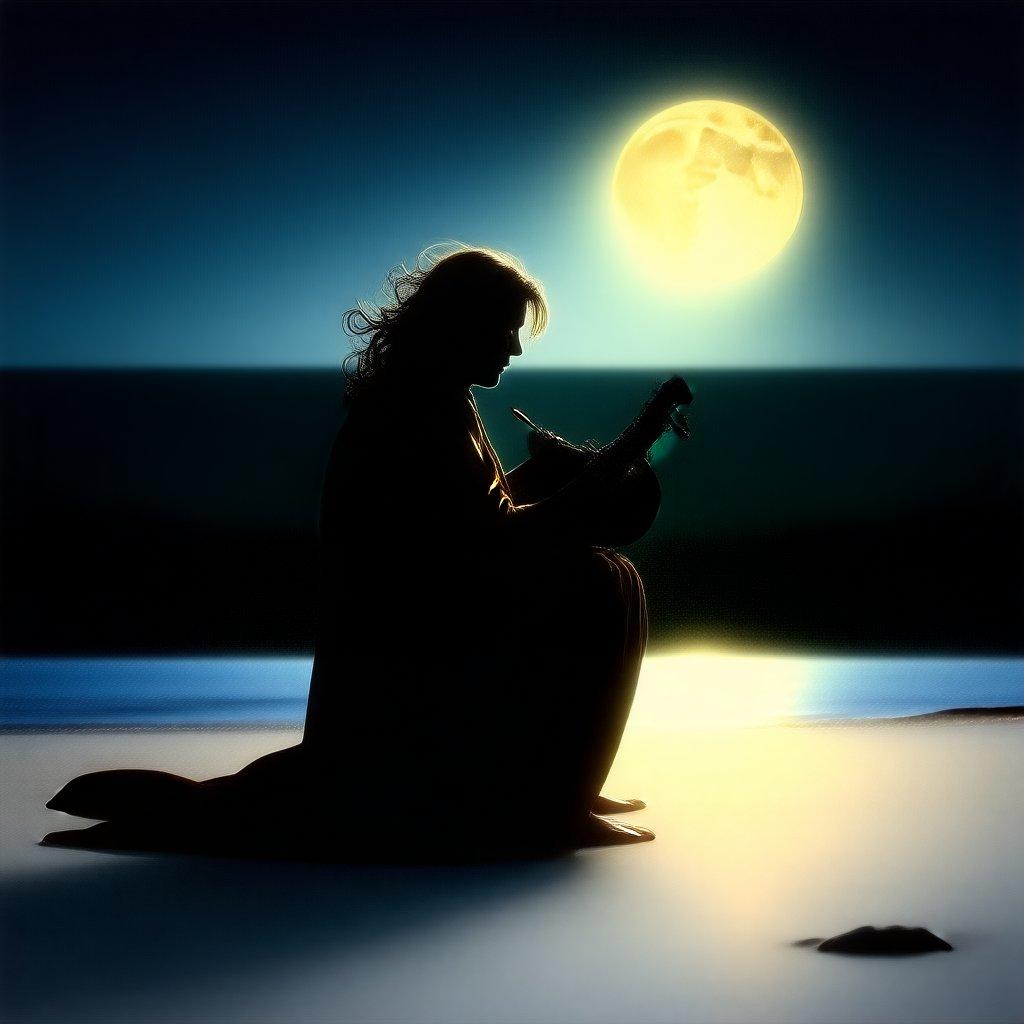 A woman plays a guitar on the beach under the light of the full moon, creating a sense of peace and tranquility.