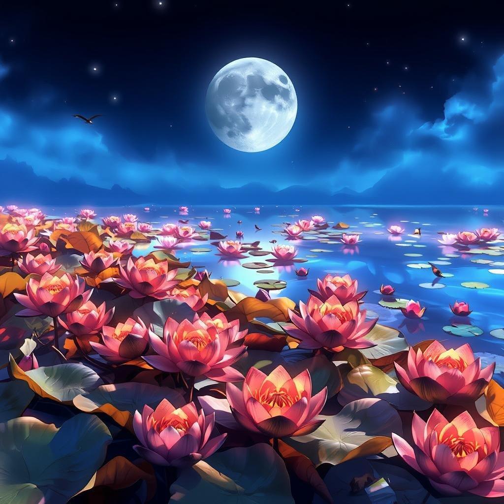 A serene nighttime scene with lotus flowers blooming on a tranquil lake, basking under the soft glow of a full moon. The calm waters reflect the celestial light, creating a peaceful and ethereal atmosphere.