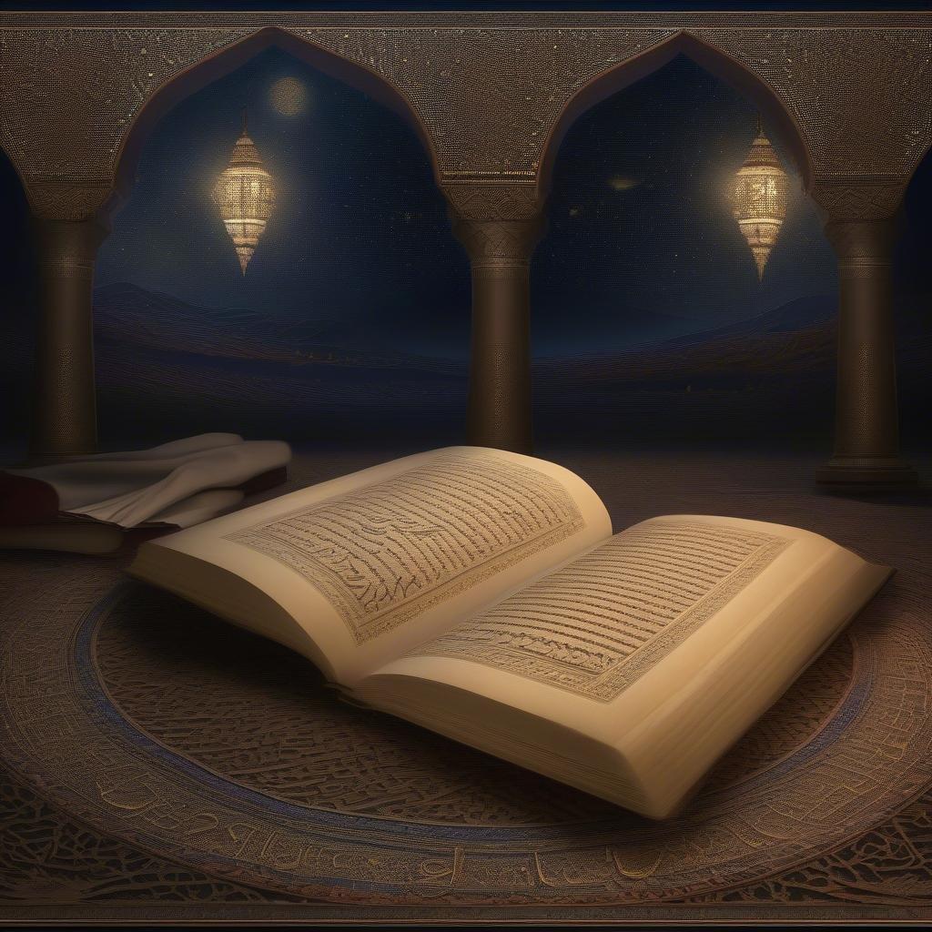 A beautifully crafted Islamic calligraphy book, open to display its intricate artistry, resting in a serene mosque setting.