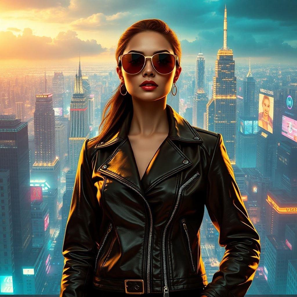 A stunning wallpaper featuring a woman in a leather jacket and sunglasses, set against a backdrop of a futuristic cityscape. The image exudes a sense of edgy cool, with the woman's confident pose and the city's neon lights creating a dynamic and captivating scene. Perfect for fans of cyberpunk and neon aesthetics, this wallpaper is sure to add a touch of futuristic flair to any device.