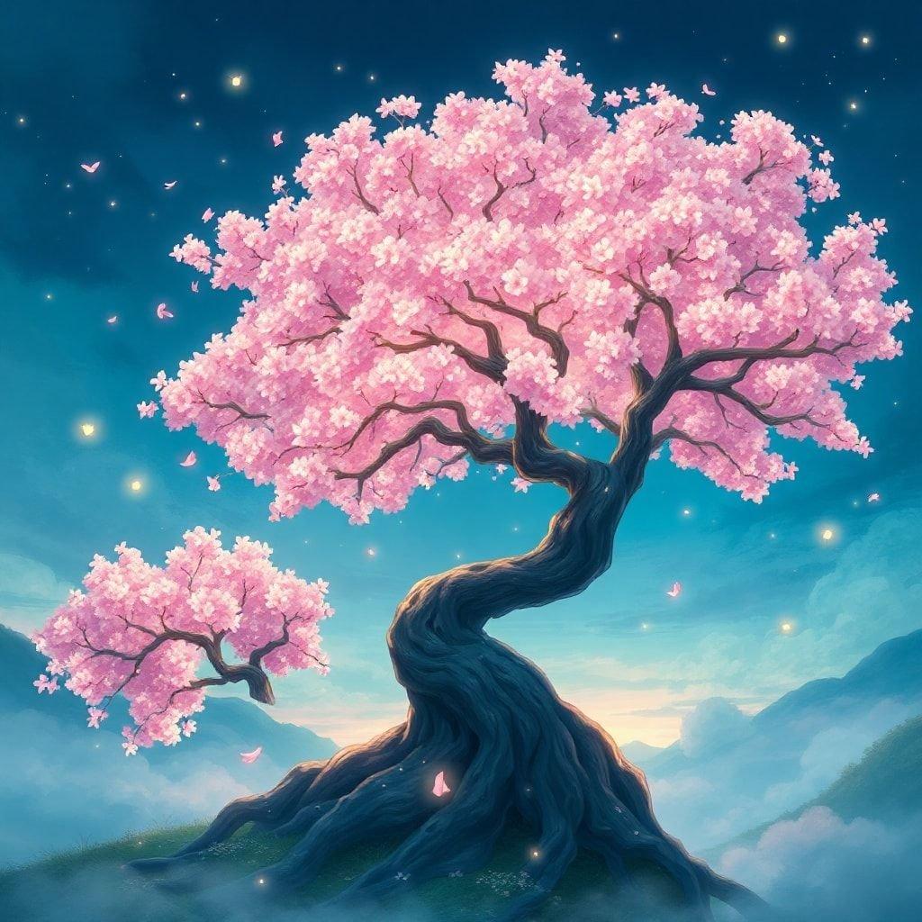 This enchanting wallpaper features a majestic, magical tree with a vibrant, glowing canopy of pink cherry blossoms, set against a backdrop of ethereal blues and greens, evoking a sense of tranquility and fantasy.