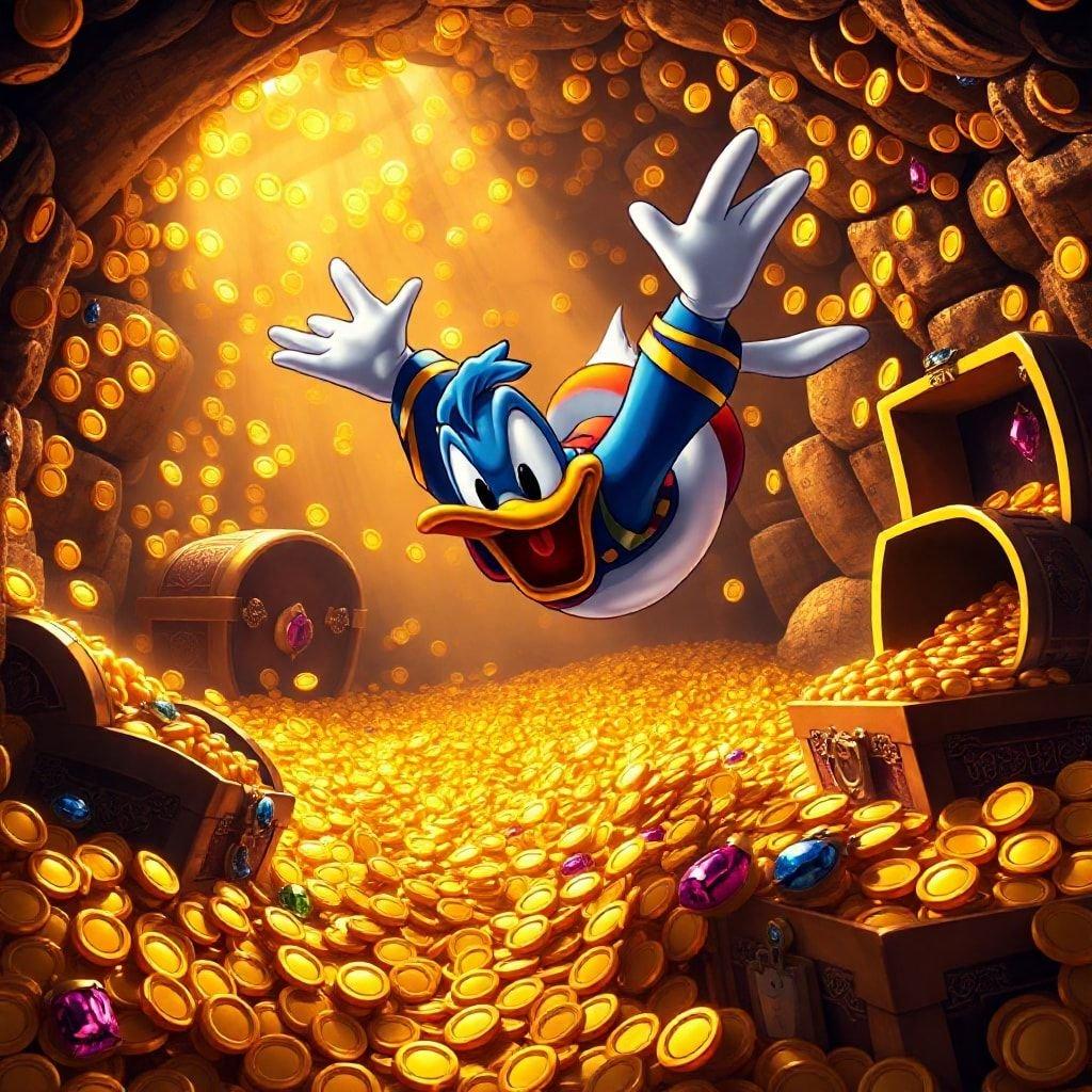 Join Donald Duck on an exciting treasure hunt through a treasure trove of gold coins and jewels.