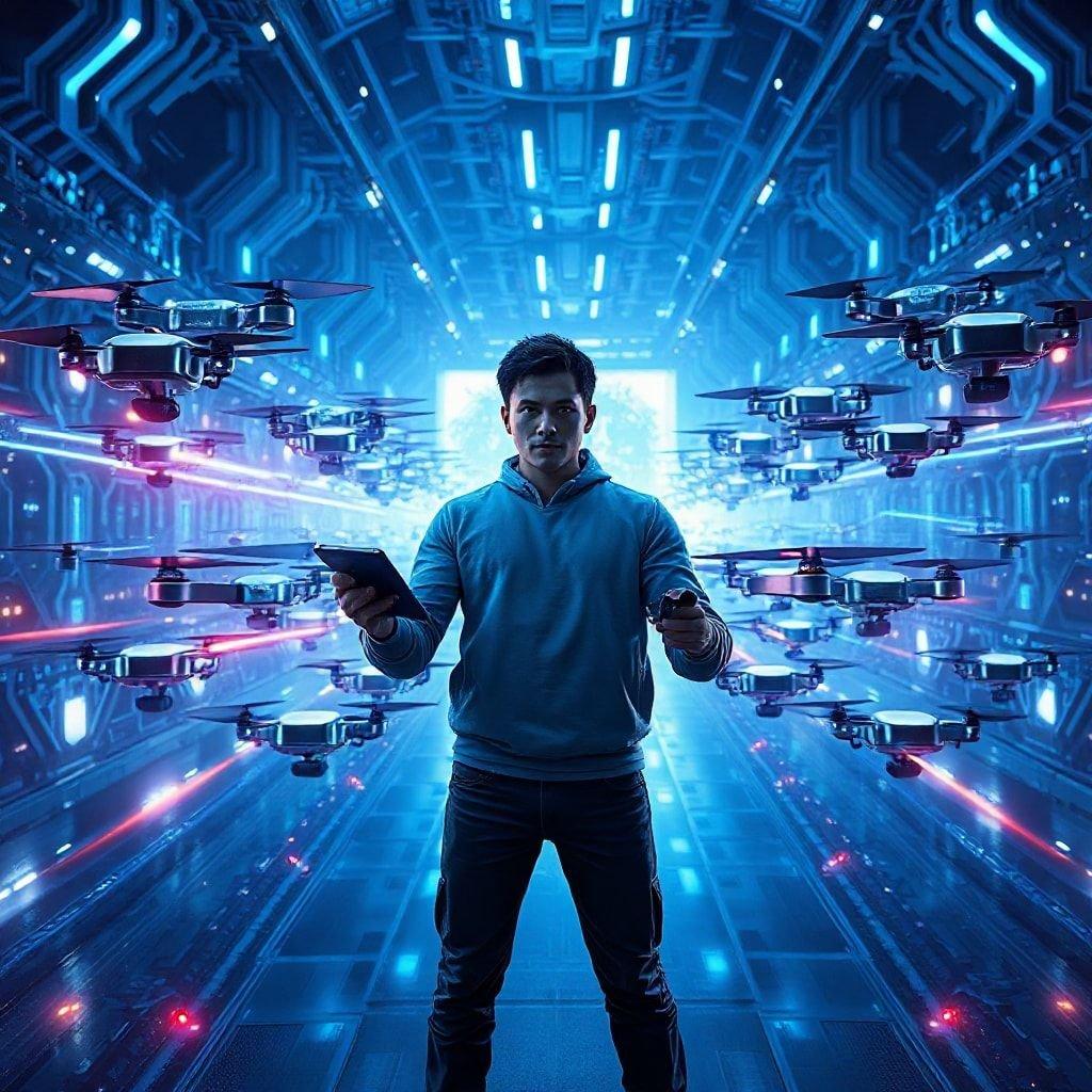 This digital artwork captures the essence of modern technology with a young man at the center, surrounded by an array of drones in a high-tech environment. The background is bathed in neon lights, enhancing the futuristic vibe.