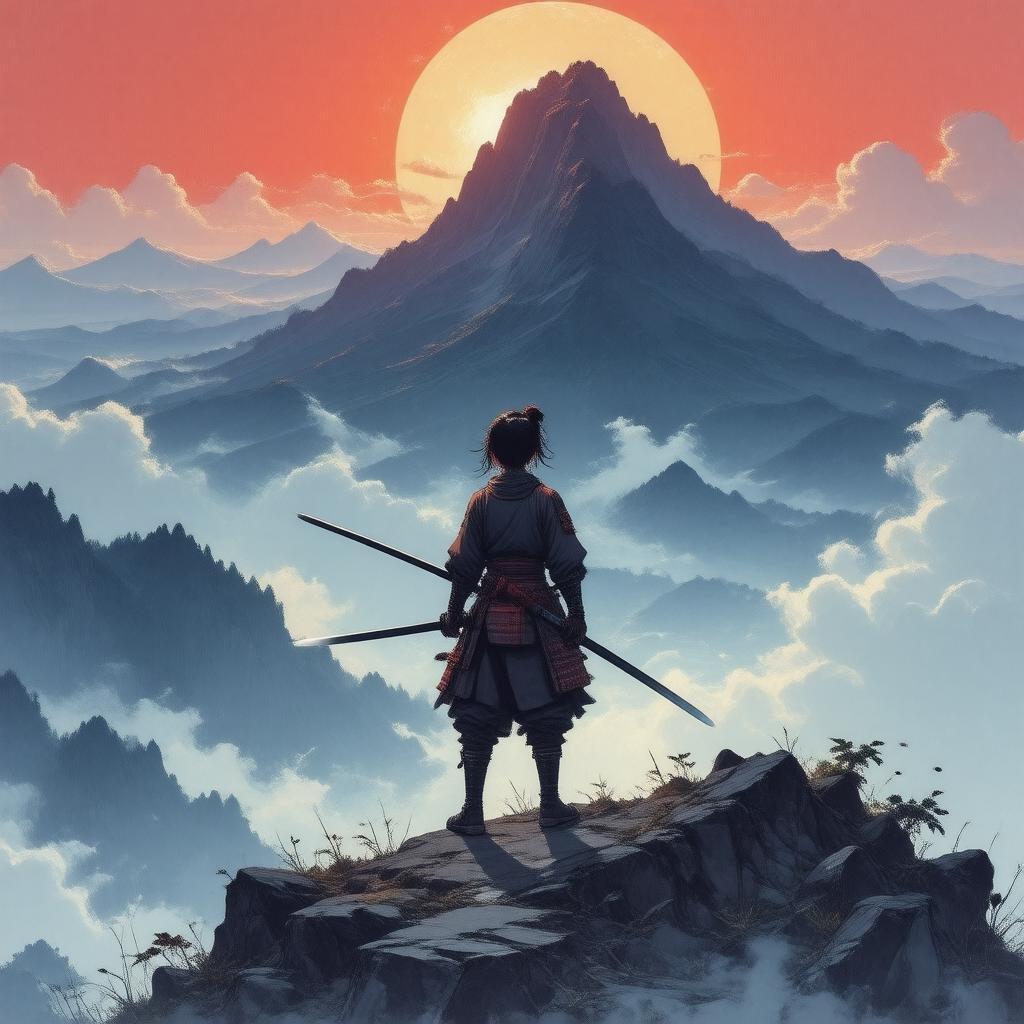 Dieser atemberaubende Anime-Hintergrund zeigt einen jungen Samurai, der auf einem Berg steht, sein Schwert nach rechts zeigend. Die geheimnisvolle Szene ist in Nebel und Dunst gehüllt, während ein helles Licht den Berg und seine schattigen Umgebung erleuchtet.