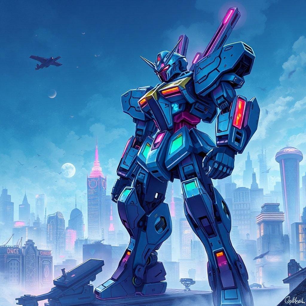 Get ready to immerse yourself in a world of futuristic wonder with this stunning anime mecha robot wallpaper. Standing tall in a bustling metropolis, this robot's body is a masterpiece of colorful lights, set against a backdrop of blues and purples that evoke a sense of mystery and intrigue.