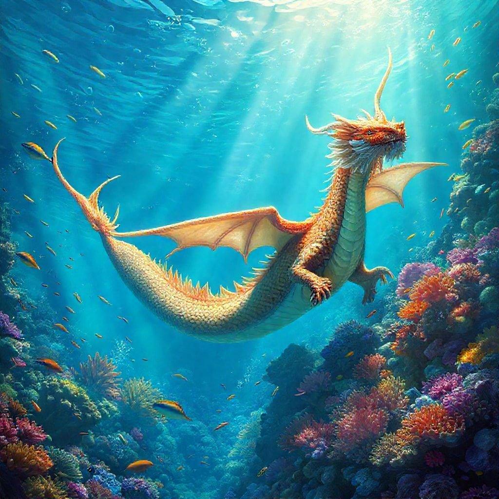 Dive into an underwater world with a majestic dragon-like creature. A fantastical artwork by an unseen artist, this image brings the mystique of mythology into our digital era.