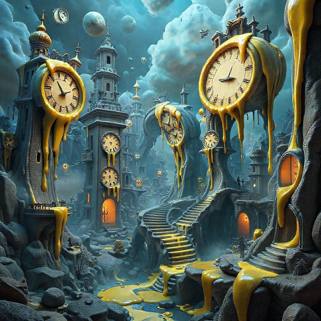 In this whimsical and dreamlike landscape, time seems to have taken a playful twist. An enchanted cityscape stretches out under a stormy sky, with three clock towers standing tall amidst the surreal surroundings. Melted clock faces drip down in yellow streams of liquid, creating a mesmerizing flow that blurs the boundaries between reality and fantasy.