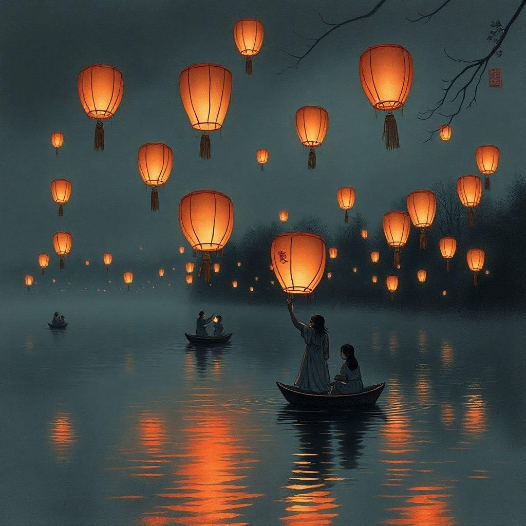 A serene scene of celebration with traditional Chinese lanterns adorning the sky, signifying hope and unity for the New Year.