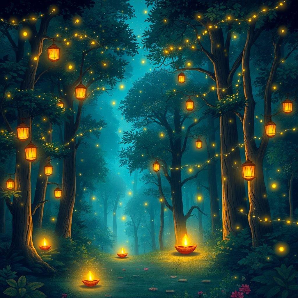 Experience the magic of Diwali with this enchanting forest wallpaper, where the soft glow of lanterns illuminates the night, creating a serene and festive atmosphere.