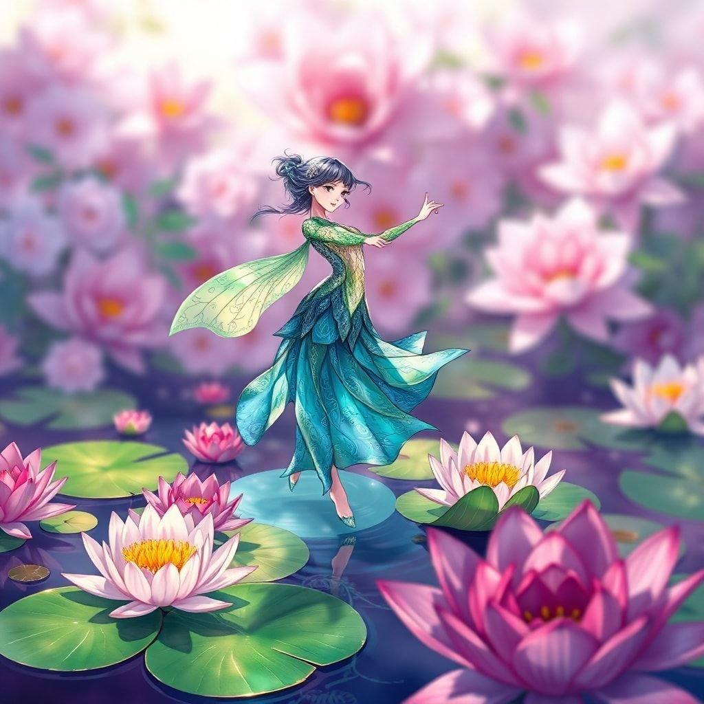 Immerse yourself in the enchanting world of anime with this captivating wallpaper featuring a delicate water nymph dancing amidst vibrant lily pads.