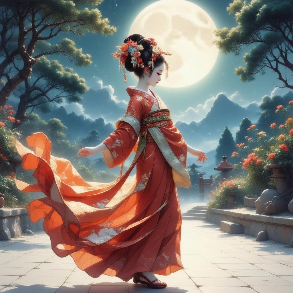 An animated geisha in traditional attire practices her dance in a serene moonlit garden. A harmonious blend of tradition and tranquility.