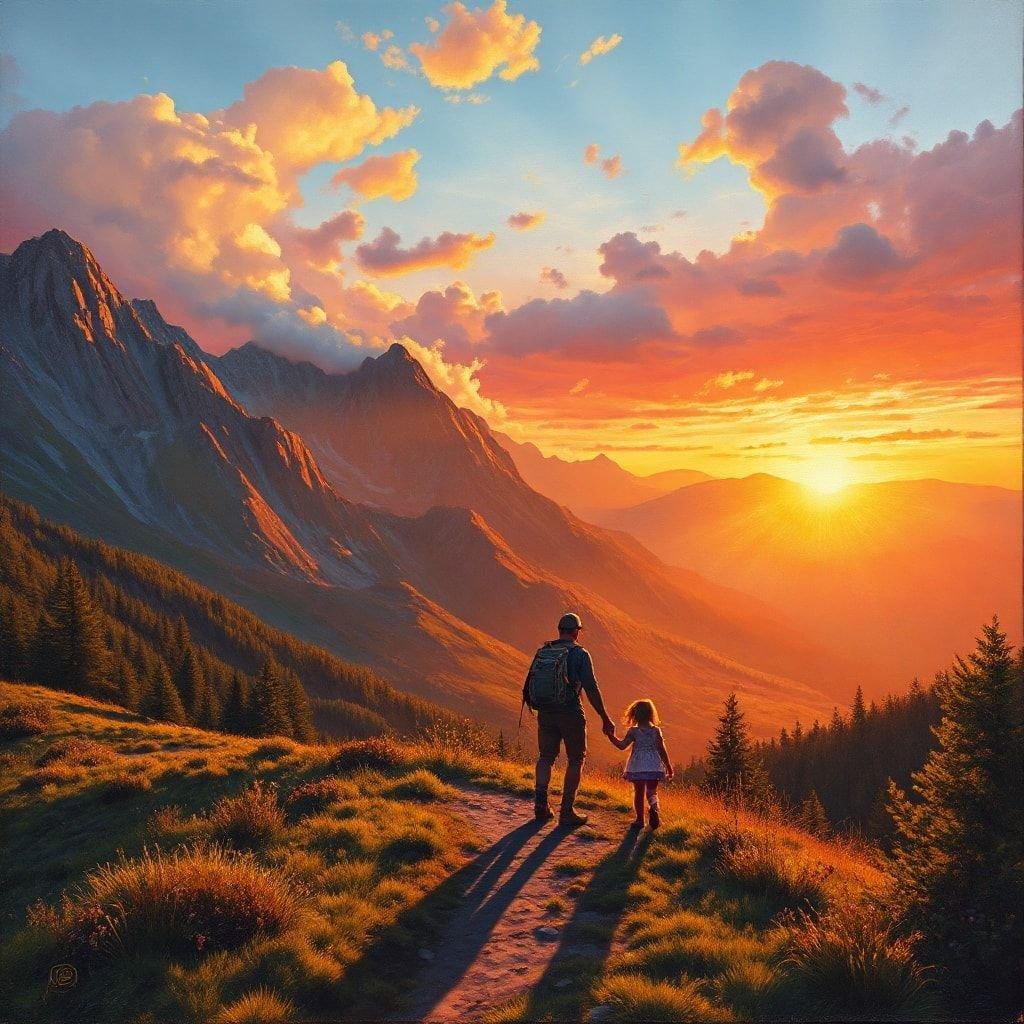 A father and daughter enjoy a heartfelt hike through the picturesque mountains, sharing in the beauty of nature as they witness the stunning sunset. This wallpaper is perfect for celebrating Father's Day and capturing memories of adventures shared.