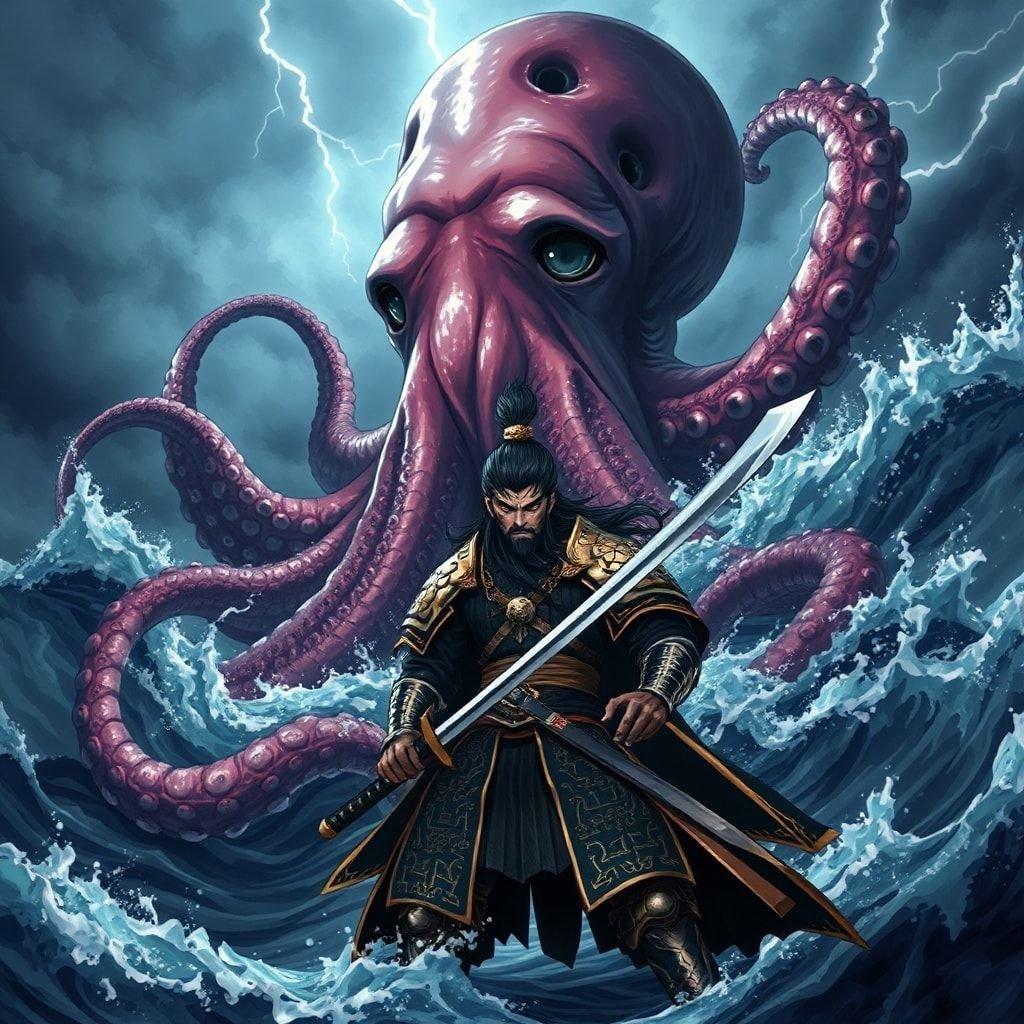 A dramatic anime illustration of a samurai warrior battling a giant octopus in a dark, stormy sea.