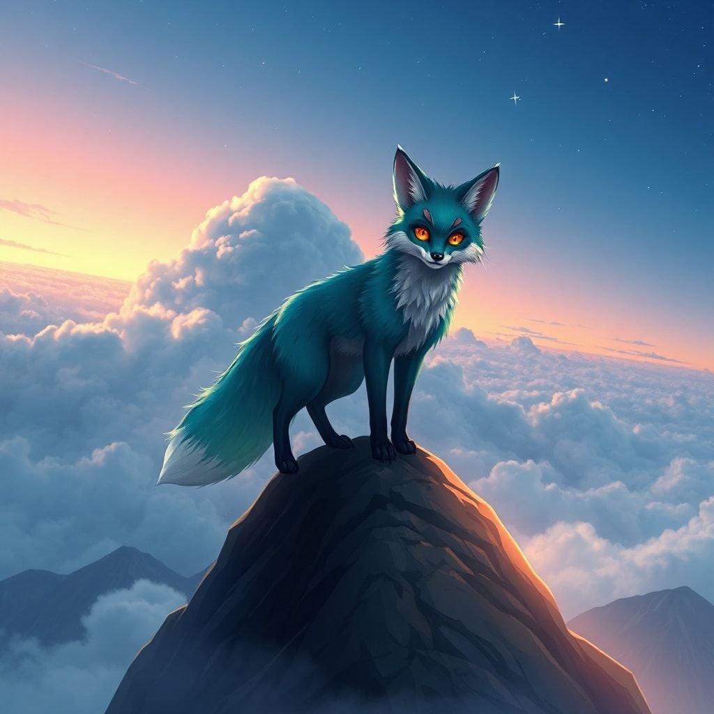 Ce magnifique fond d'écran présente un esprit renard majestueux se tenant au sommet d'un pic montagneux, son pelage étant un mélange fascinant de nuances de bleu et de vert. Les yeux orange perçants du renard semblent regarder directement dans votre âme, tandis que le nuage léger en arrière-plan ajoute une touche de fantaisie à la scène. Parfait pour les fans d'anime et de fantasy, cette image est sûre de vous transporter dans un monde de merveilles et de magie.