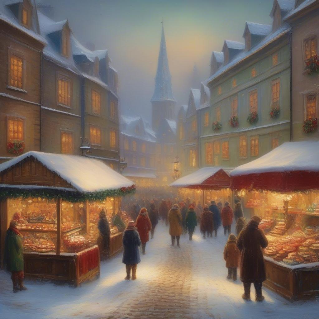 This lively market scene captures the joy of holiday shopping, with people gathered around stalls adorned with festive decorations and lights. The snow-covered street and the glowing warmth from shop windows create a cozy atmosphere.