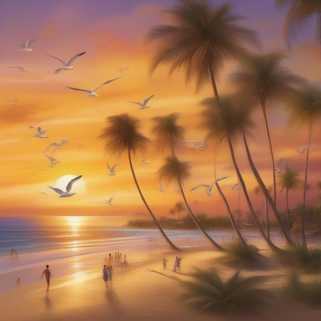 A picturesque beach scene at sunset, with palm trees silhouetted against the sky. White birds soar in the air, and people are enjoying a leisurely stroll on the sandy shore.