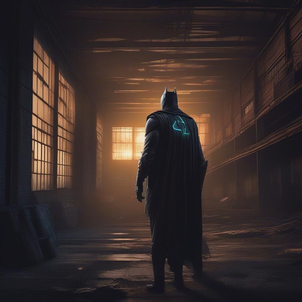 Batman se tient seul dans l'intérieur faiblement éclairé d'une vieille usine abandonnée. Les hautes fenêtres laissent entrer une douce lueur qui contraste avec l'environnement étrange. La scène capture un moment de calme anticipation alors que notre héros vigilant navigue dans les ombres.