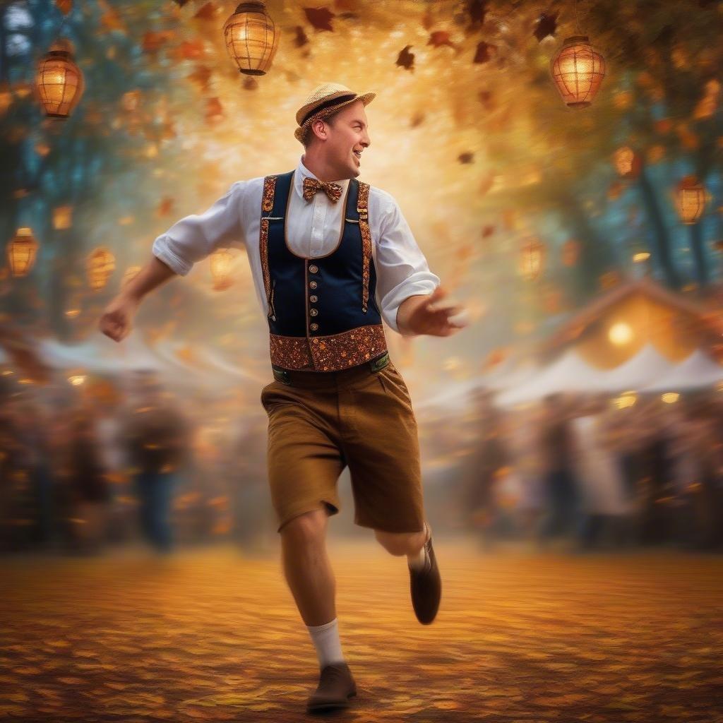 A man in traditional Bavarian attire runs joyously through a vibrant Oktoberfest scene, with trees adorned with lights and lanterns floating above him.