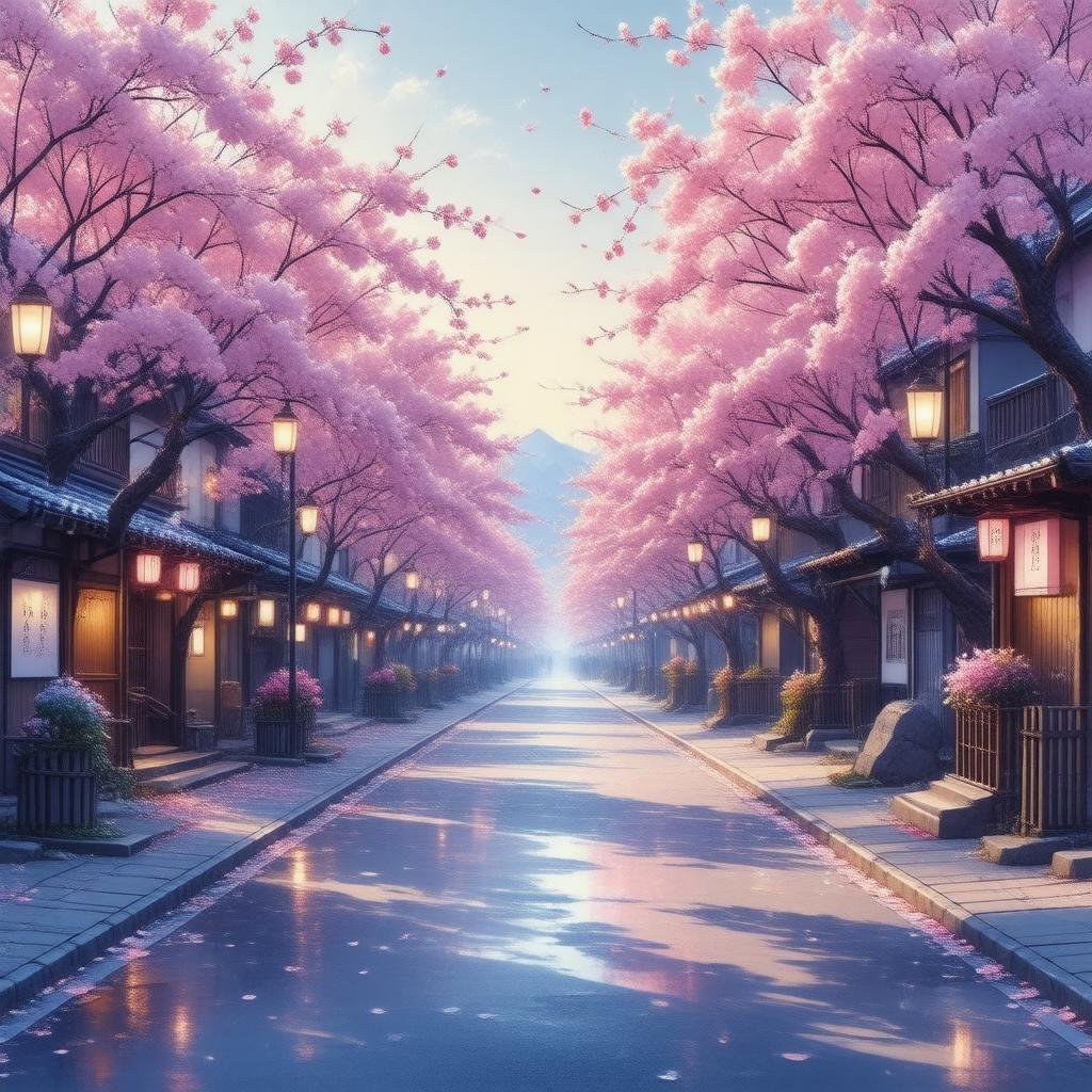 Step into a serene anime-inspired scene, where a Japanese street is lined with cherry blossom trees, reflecting the warm glow of sunset. The peaceful atmosphere, bathed in soft light, captures a tranquil moment in Japan.