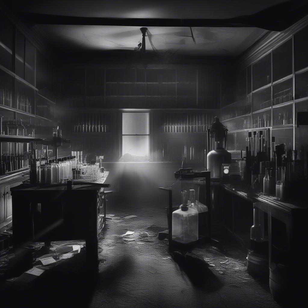 This haunting black and white wallpaper captures the eerie atmosphere of an abandoned laboratory, with its dimly lit rooms and scattered scientific equipment.