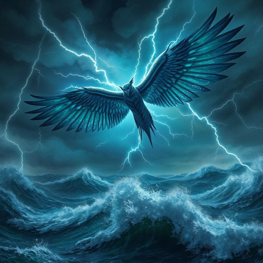 In the tempestuous embrace of the storm, a magnificent creature takes flight. The bird with a spirit bold and fierce defies the elements as lightning bolts crackle around it, setting the backdrop for this powerful scene.