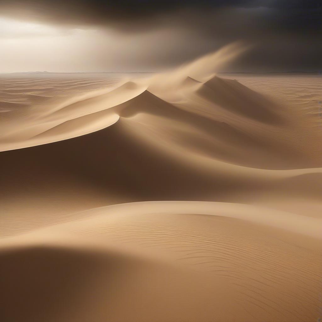 A dramatic desert scene with towering sand dunes under a stormy sky.