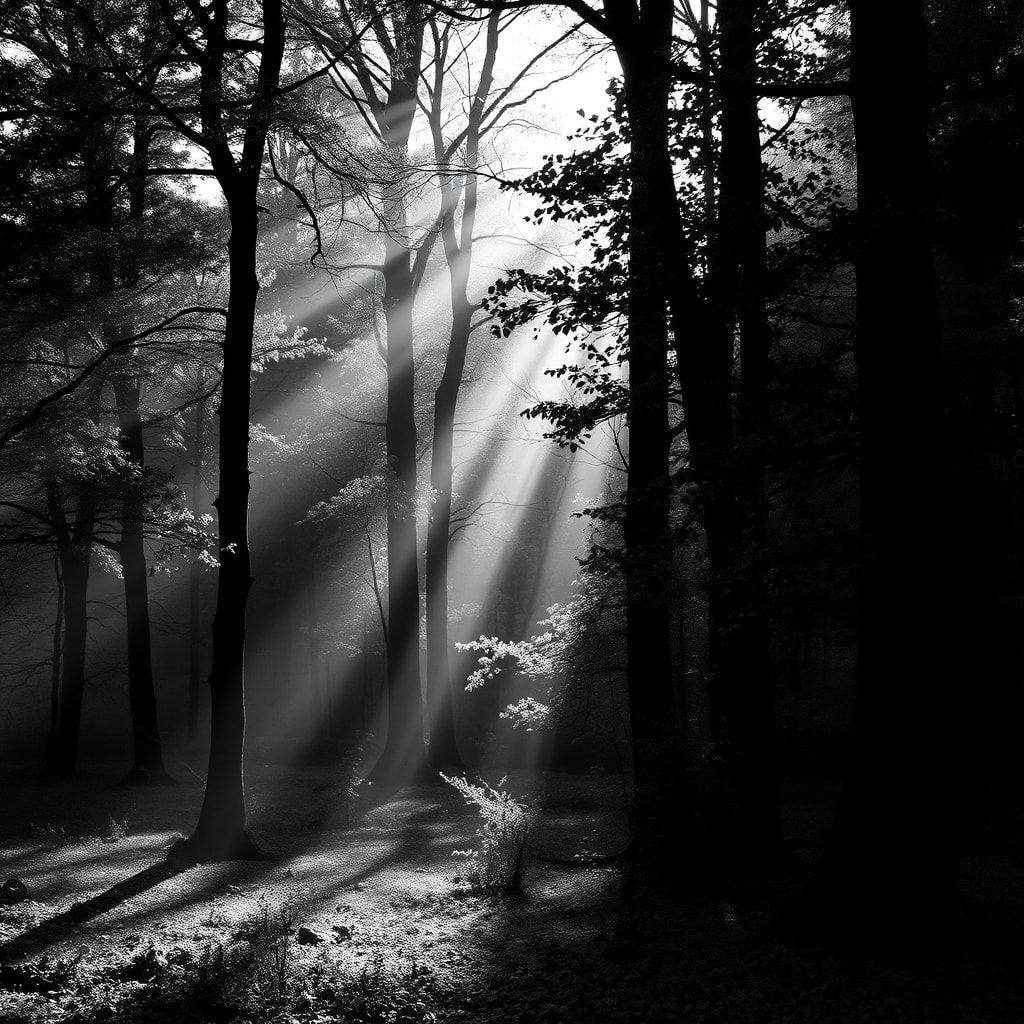 Uma cena serena de floresta em preto e branco, com a luz do sol filtrando-se através do dossel, criando uma atmosfera mágica. O caminho convida você a entrar na profundidade da floresta.