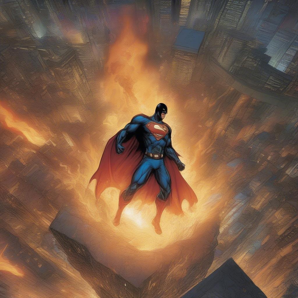 In a city caught in chaos, Superman leaps into action, flying high above the urban landscape with an unwavering spirit and determination.