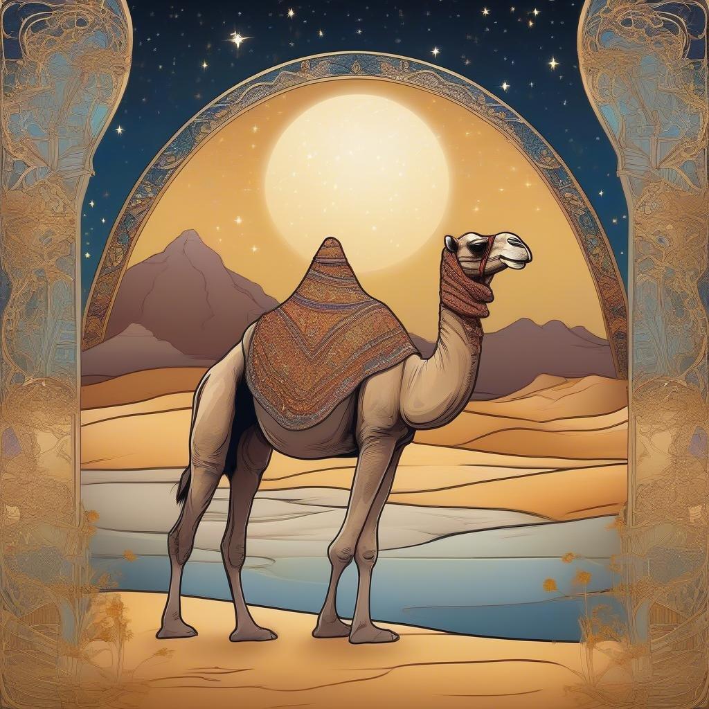 This tranquil scene embodies the spirit of Ramadan &#38; Eid, where a camel takes center stage under the full moon against a starry desert backdrop.