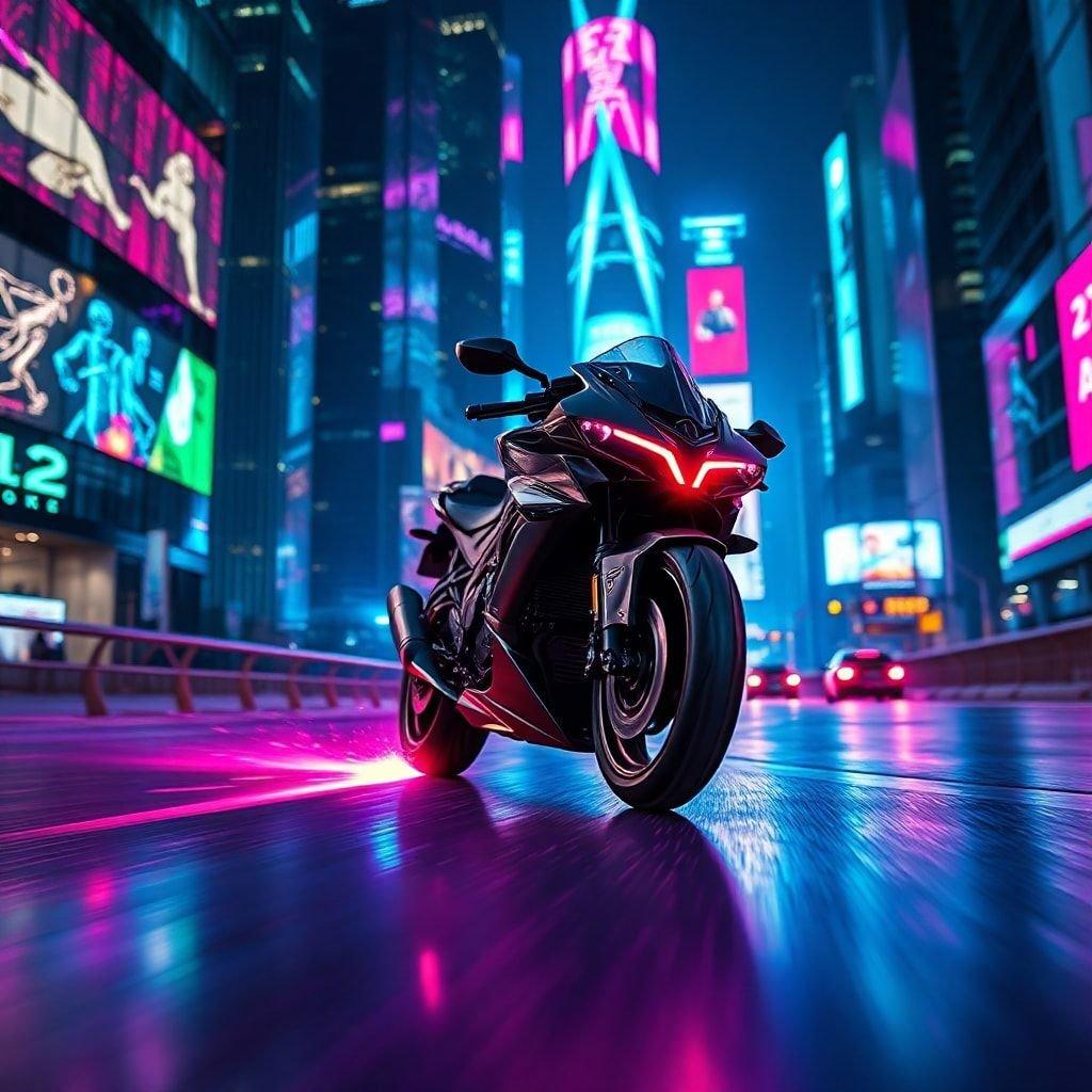 Racing into the future on a sleek neon-lit city street, where every turn promises an adventure in this cyberpunk metropolis.