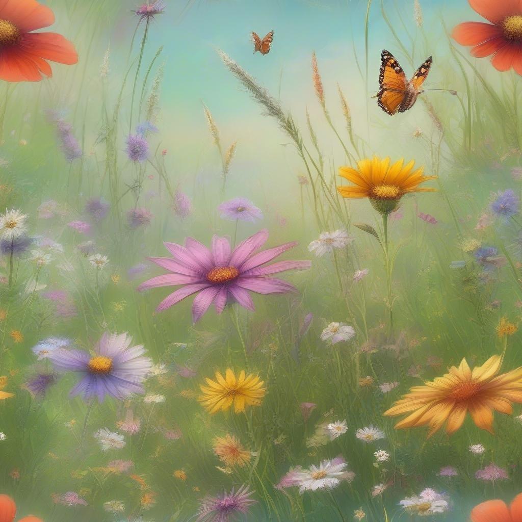 A picturesque scene featuring various colorful wildflowers in full bloom, with a butterfly soaring above the flowers.