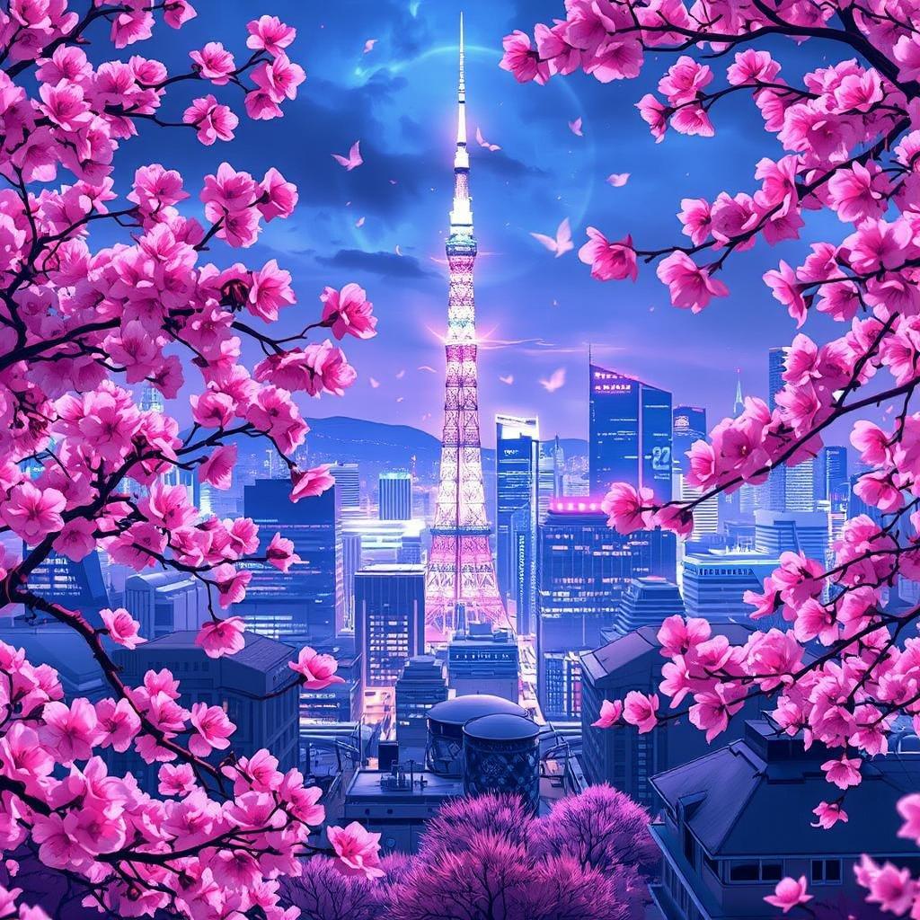 This stunning wallpaper captures the essence of Tokyo's vibrant cityscape, blending futuristic architecture with the serene beauty of cherry blossoms.