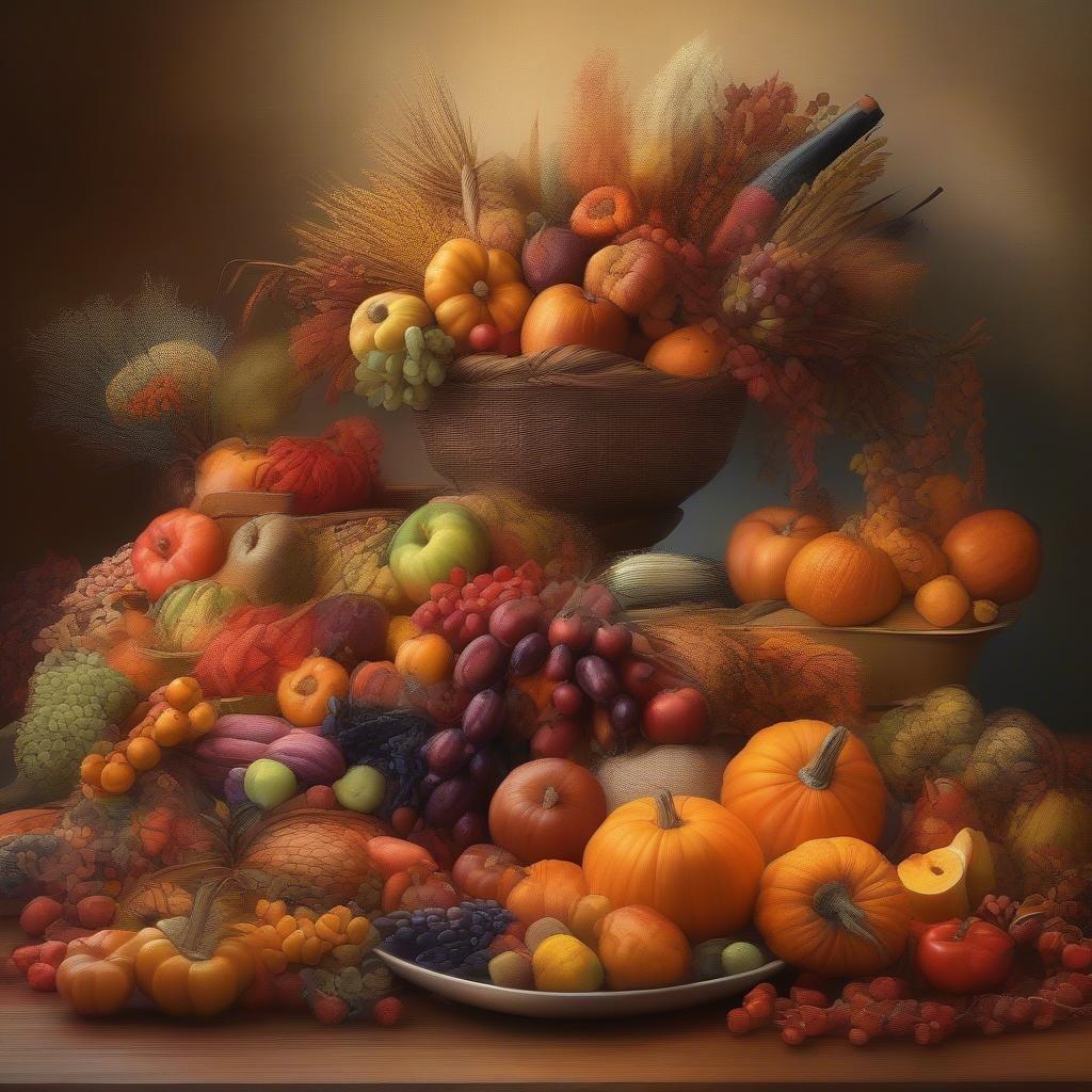 This festive scene captures the essence of Thanksgiving with a bountiful array of autumn fruits and vegetables. A pumpkin-filled bowl serves as the centerpiece, surrounded by a cornucopia of pears, apples, grapes, pomegranates, cranberries, oranges, and more. The colors are vibrant, inviting you to partake in this feast of fall's finest offerings.