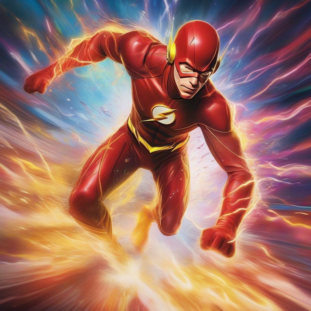 Ce fond d'écran présente le super-héros emblématique, The Flash, en action. The Flash est connu pour sa vitesse et son agilité surhumaines, et cette image met en valeur sa pose dynamique et son costume vibrant. L'arrière-plan est un mélange flou de couleurs, ajoutant à la sensation de mouvement et d'énergie.