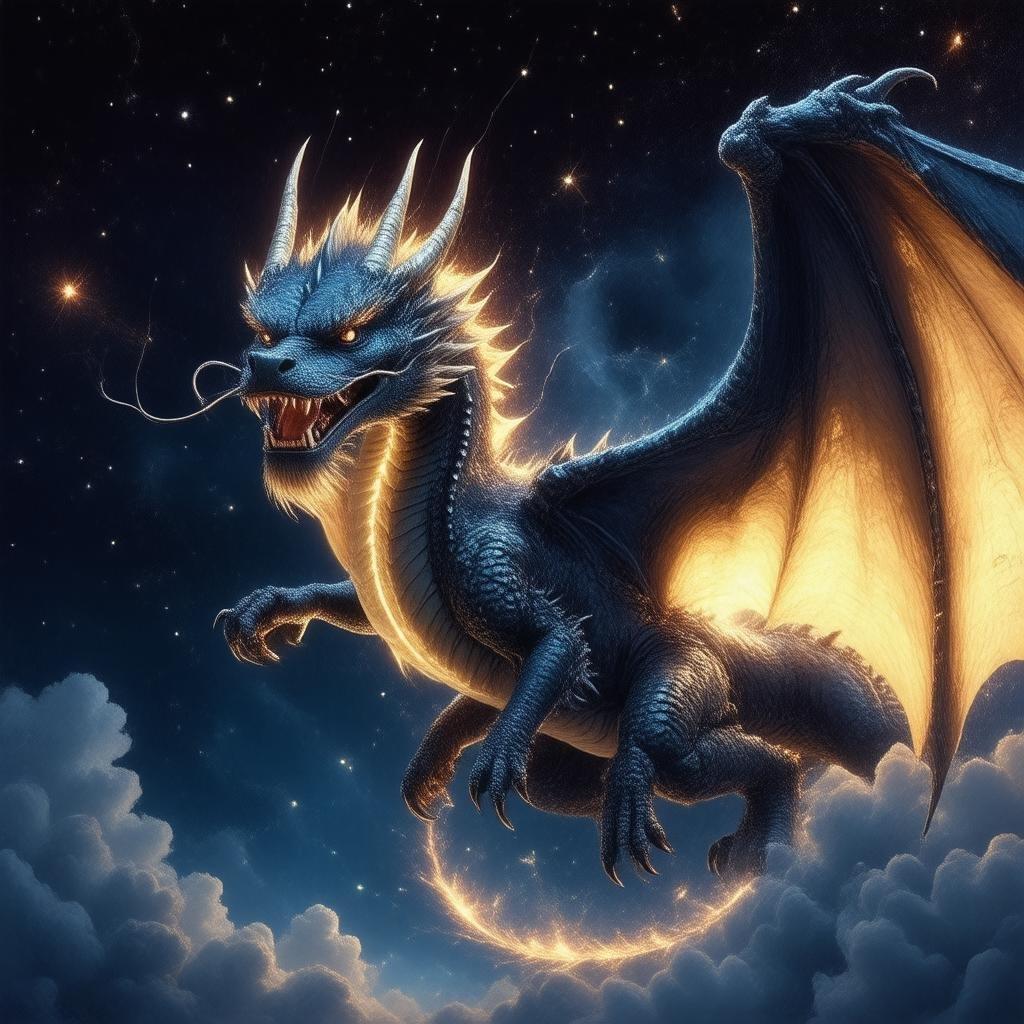 This stunning anime wallpaper features a majestic dragon soaring through a starry night sky, emitting a bright, glowing light. The dragon's fierce expression and sharp teeth and claws make it the focal point, while the dark background emphasizes its grandeur.