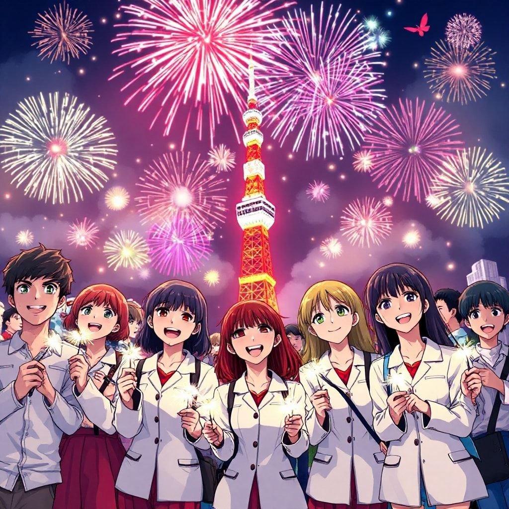 This vibrant wallpaper captures the magic of a group of friends celebrating at Tokyo Tower, surrounded by a kaleidoscope of fireworks.