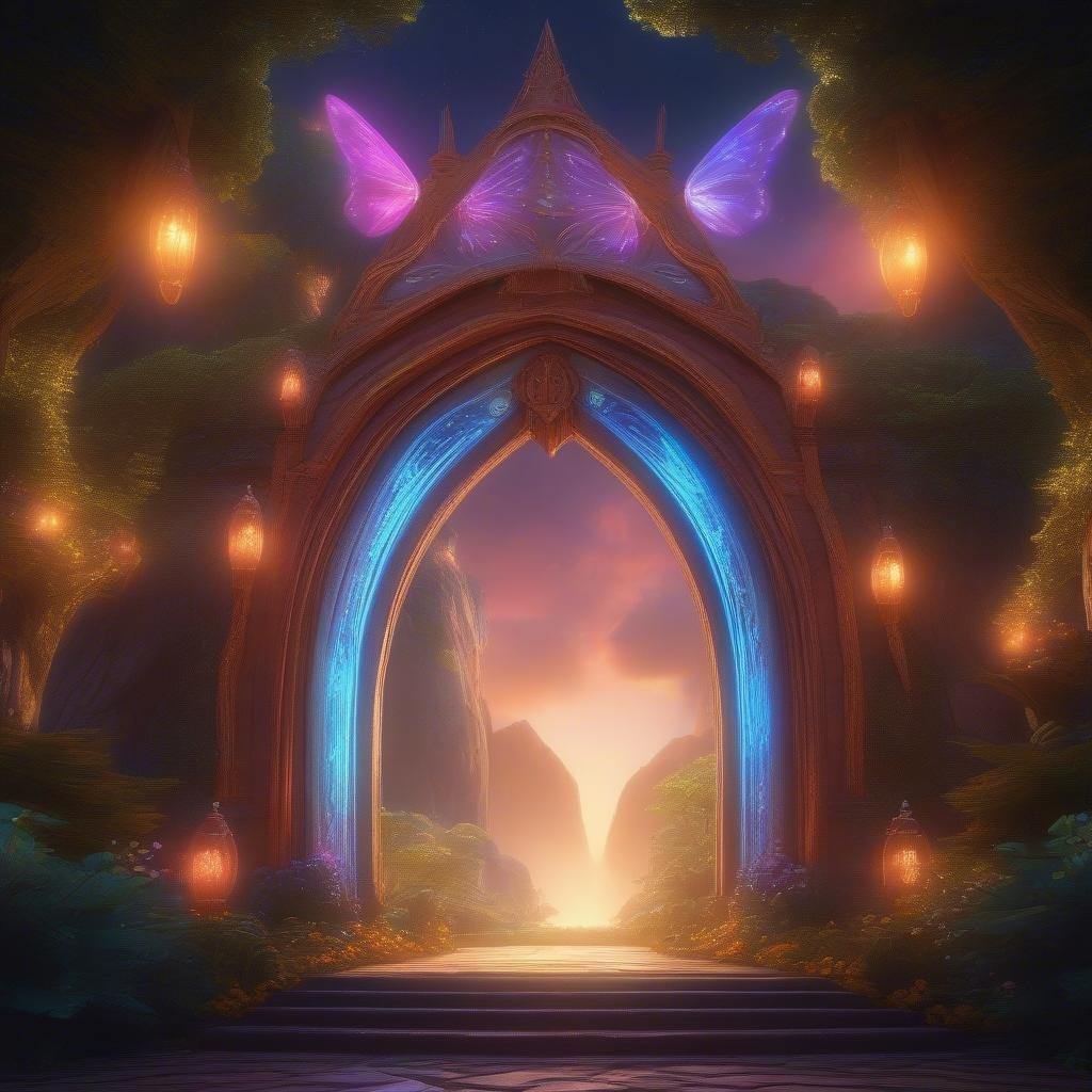 This fantasy portal wallpaper is perfect for kids and cartoon fans. The image features a magical archway with glowing blue and purple lights, surrounded by lush greenery and vibrant flowers. The archway is adorned with intricate carvings and statues, adding to the whimsical and enchanting atmosphere. The background of the image is a soft, pastel-colored sky with fluffy white clouds, creating a sense of wonder and adventure. This wallpaper is sure to delight kids and adults alike, transporting them to a world of fantasy and imagination.