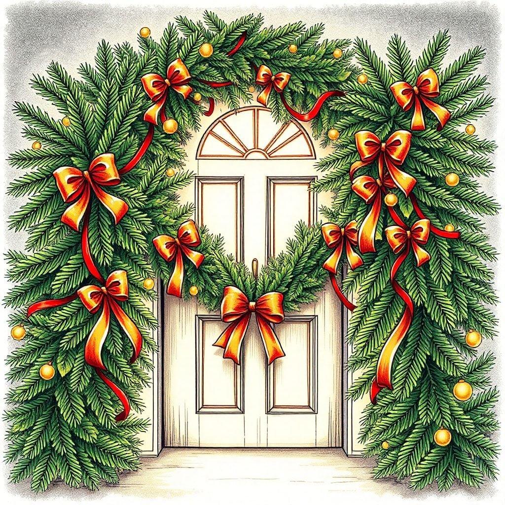 A cozy festive doorway with pine garland and gold ribbons, ready to welcome in the holiday spirit.