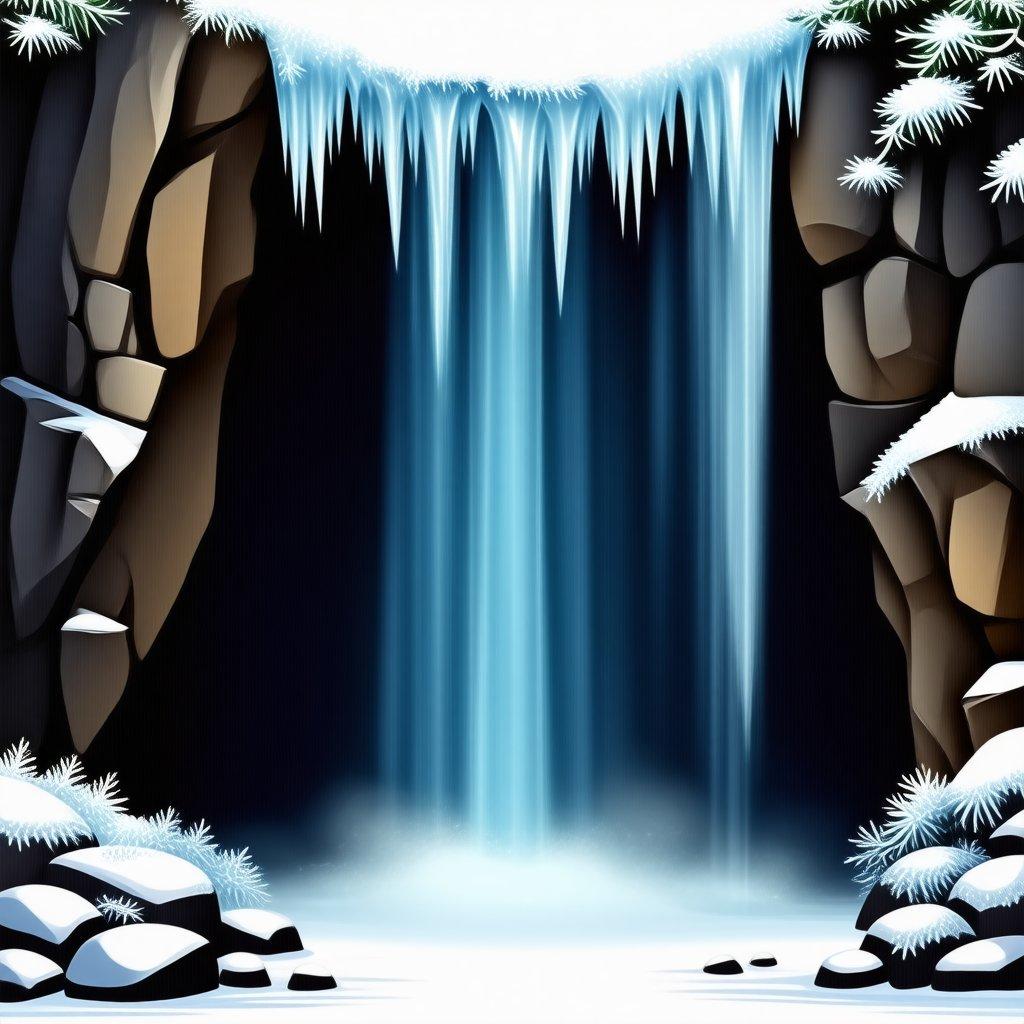 A serene winter scene featuring a waterfall frozen with icicles, surrounded by snow-covered rocks and trees.