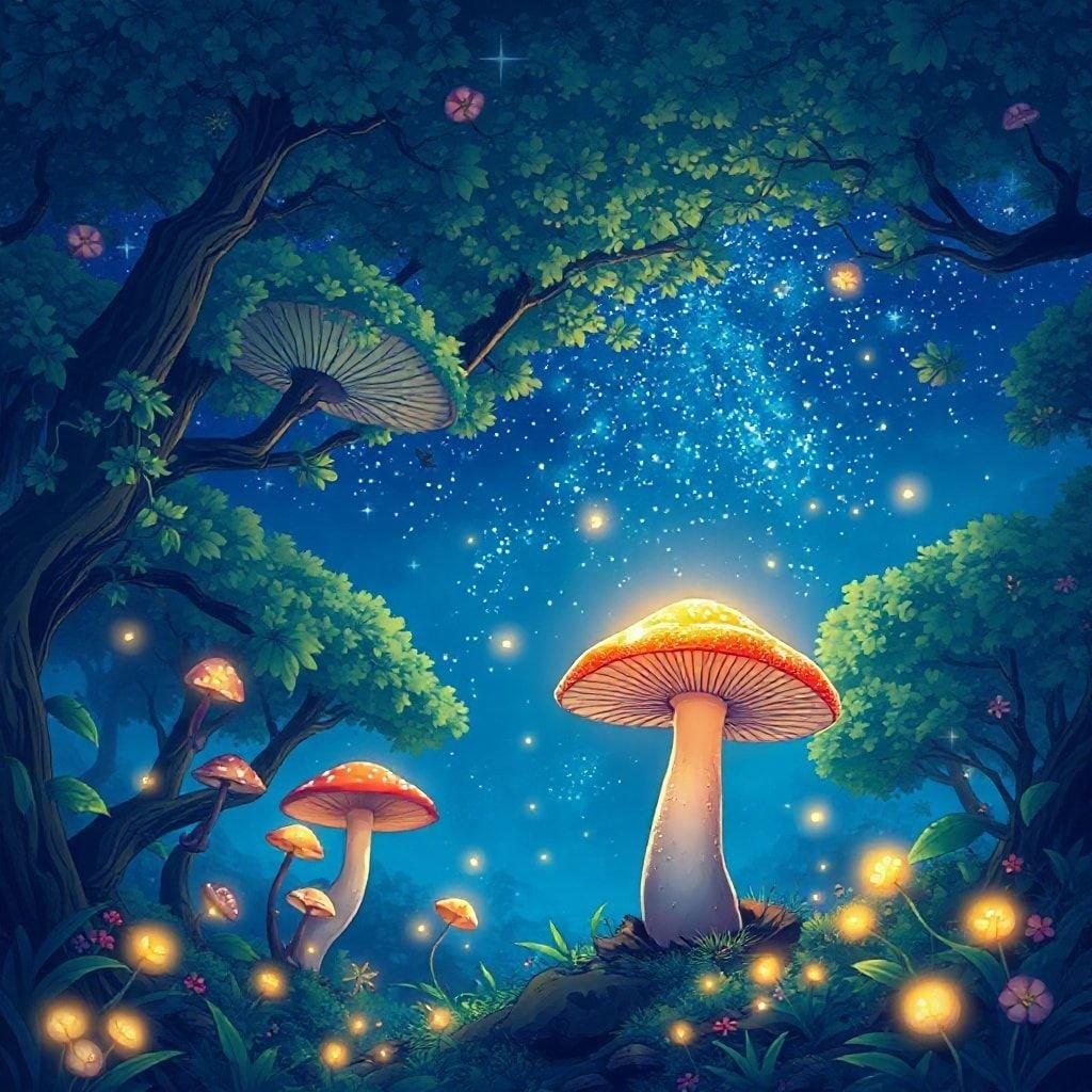 Una scena fantasiosa ambientata in una foresta incantata piena di funghi luminosi e lucciole. Il fungo magico al centro dell'immagine si distingue sullo sfondo di un cielo notturno stellato, creando un senso di meraviglia e tranquillità.