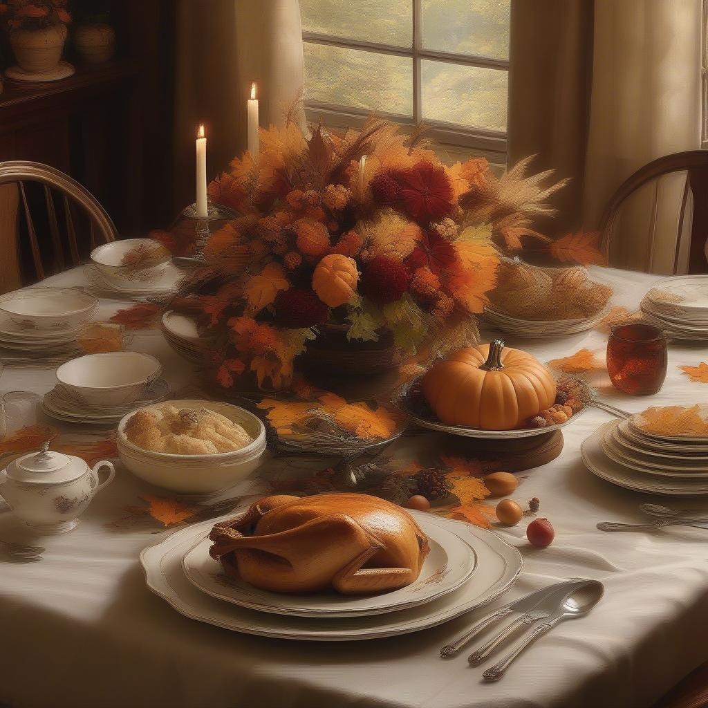 A beautifully set dining table, adorned with traditional Thanksgiving fare including a roasted turkey, stuffing, and pumpkin pie. The table is arranged for a family gathering, evoking warmth and gratitude.