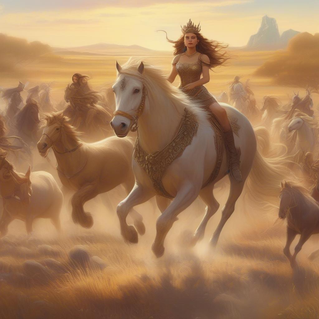 This wallpaper features a stunning fantasy scene of a woman riding a majestic white horse, surrounded by a herd of horses in a field. The image captures the beauty and freedom of the natural world, with the woman's flowing hair and the horse's powerful muscles creating a sense of movement and energy.