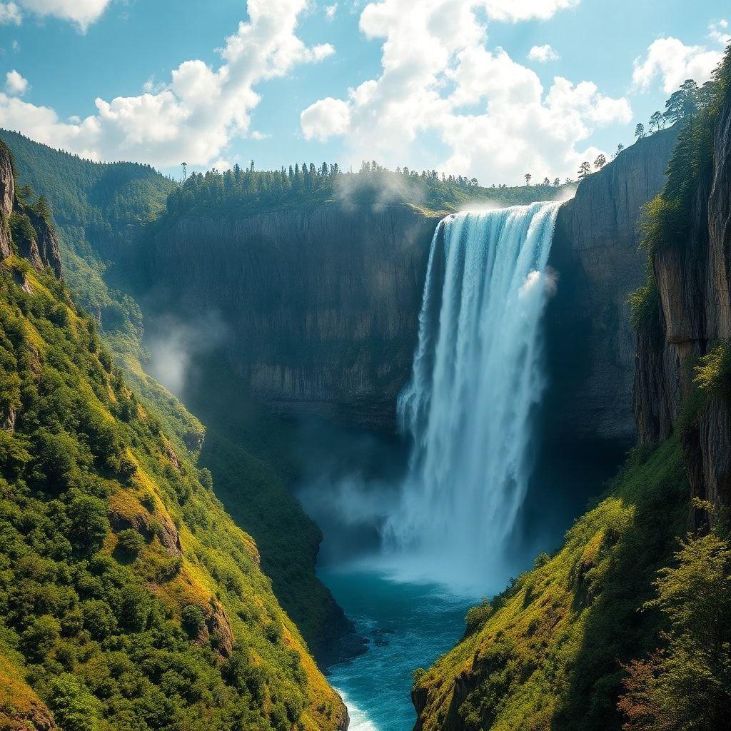 This captivating view showcases the breathtaking beauty of a large waterfall cascading down a verdant cliff. The lush forest surrounding the waterfall adds to its allure, making it an ideal wallpaper for nature lovers and those who appreciate serene landscapes.